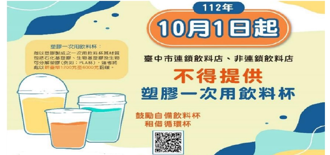 112/10/01 日起臺中市飲料店不得提供塑膠一次用飲料杯
